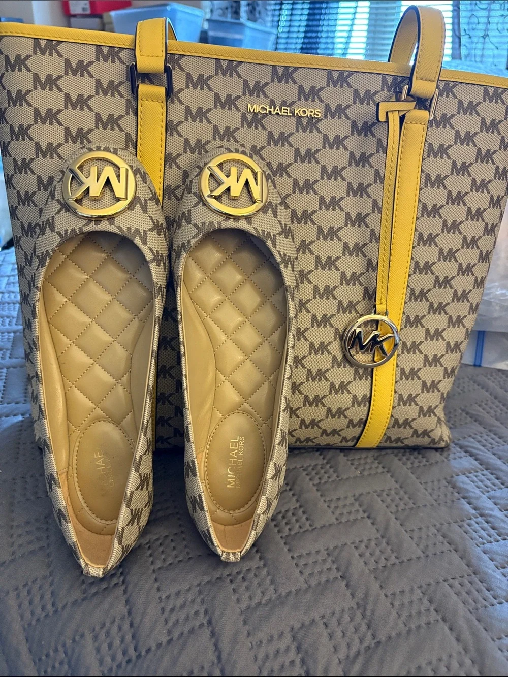 Michael Kors Beige MK Monogram Tote with Yellow Trim